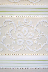 Close Up White Fondant Damask Wedding Cake
