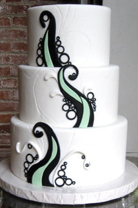 White, Black & Celadon Green Swirls & Waves Cake.